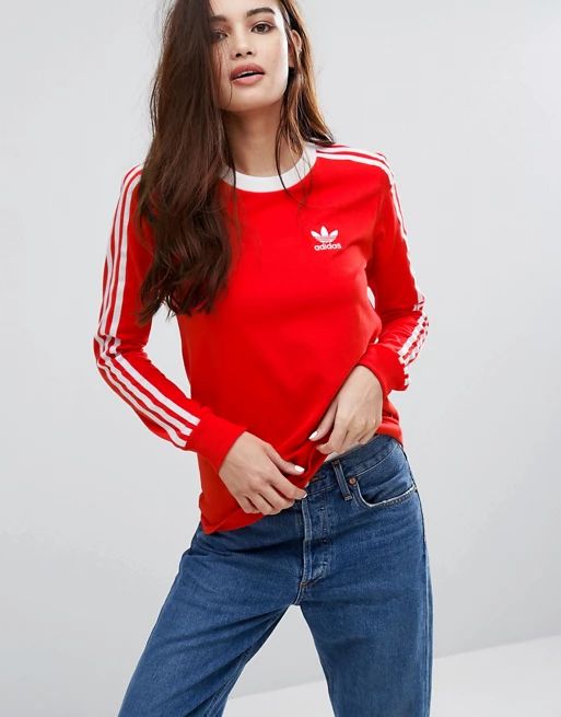 adidas Originals Red Three Stripe Long Sleeve T-Shirt | ASOS UK