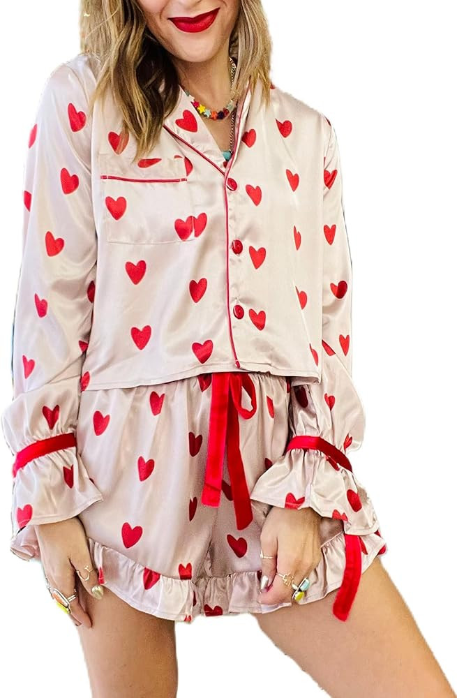 Womens Bow Tie Pajamas Shorts Holiday Pjs Set Long Sleeve Button Up Shirt Ruffle Shorts 2 Piece S... | Amazon (US)