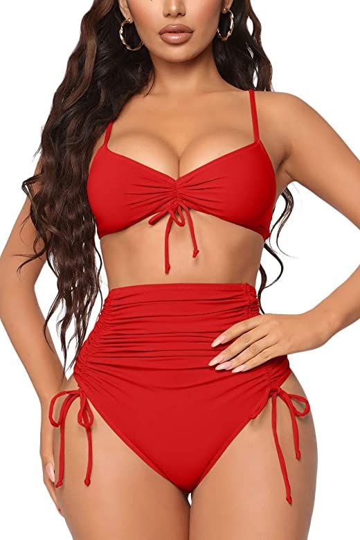 Meyeeka Women's Sexy Swimsuits Ruched High Waisted Two Piece Bathing Suit Bikini Set | Amazon (US)
