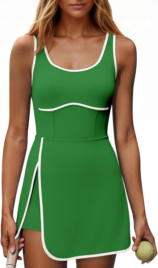 Fisoew Womens Workout Tennis Dress with Built-in Bra & Shorts Pockets Sleeveless Cutout Golf Athl... | Amazon (US)