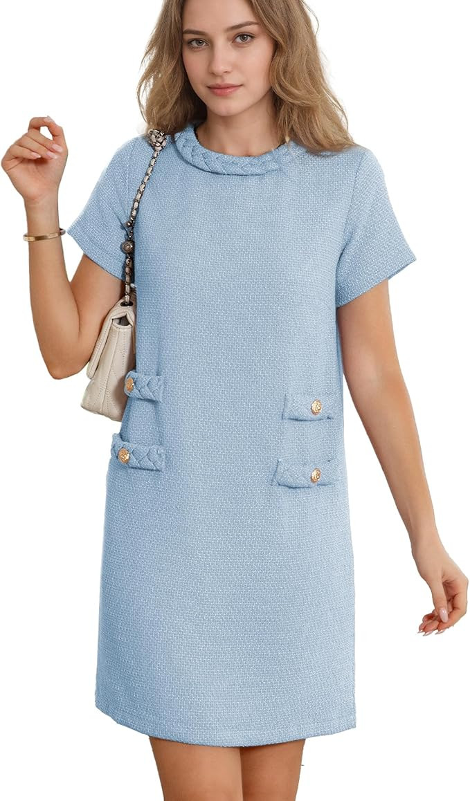 Womens Tweed Jackie Dress Elegant Crew Neck Short Sleeve Button Bodycon Mini Dress | Amazon (US)