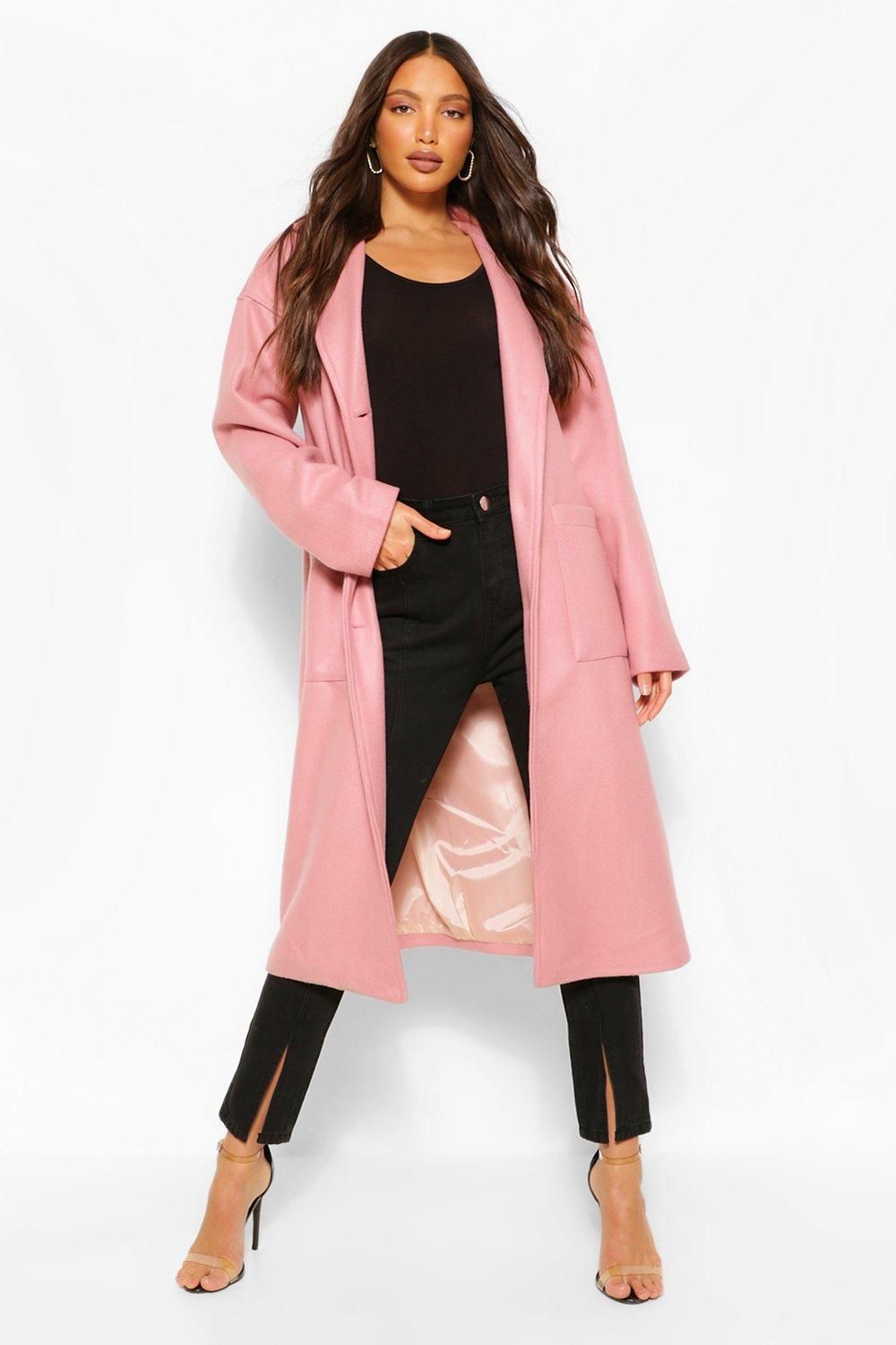 Womens Tall Pocket Detail Longline Wool Look Coat - Pink - 8 | Boohoo.com (US & CA)