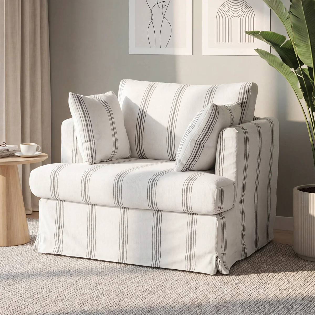 Oversized Accent Chair With 30" Seat & Removable Slipcover, Coastal Upholstered Single Armchair W... | Wayfair North America