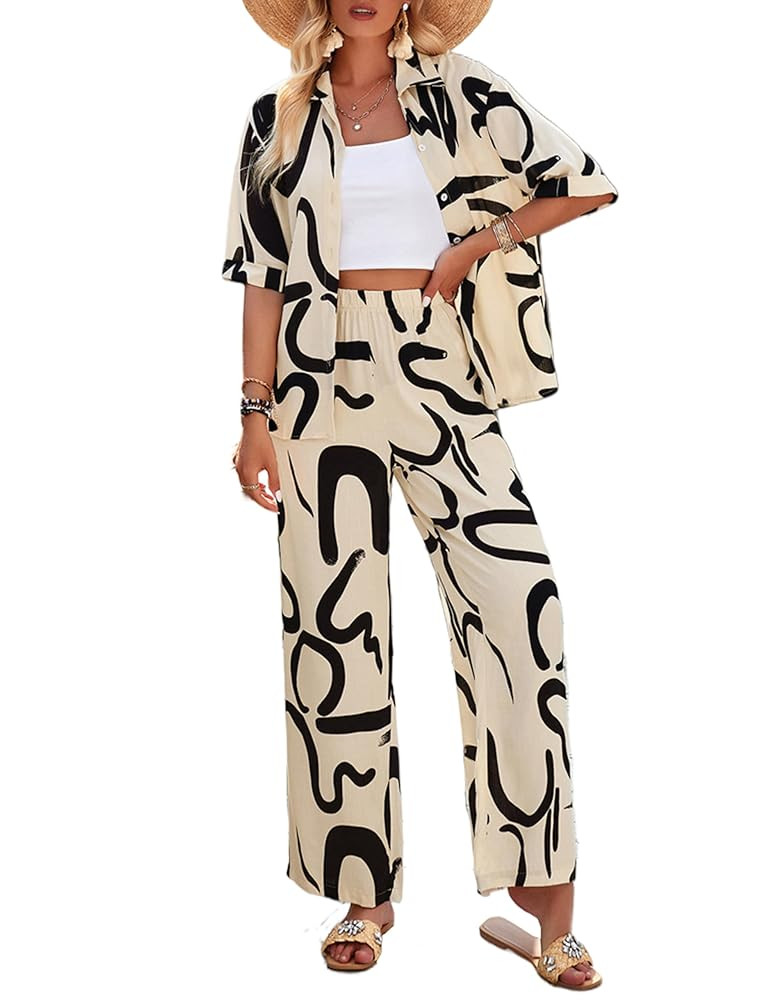 Peaceglad Womens Summer Print 2 Piece Pajama Sets Short Sleeve Button Down Outfit Long Pants Slee... | Amazon (US)
