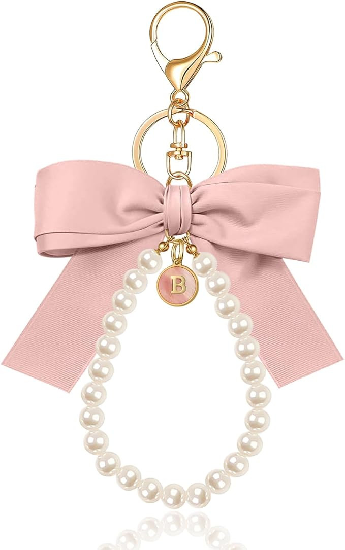 XGALBLA Initial Letter Cute Coquette Bow Keychain for Women, Wristlet Simulated Pearl Keychains B... | Amazon (US)