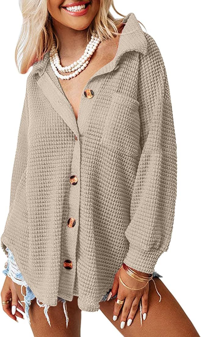 AUTOMET Womens Shacket Waffle Knit Casual Jackets Button Down Flannel Shirts Dressy Tops Fall Clothe | Amazon (US)
