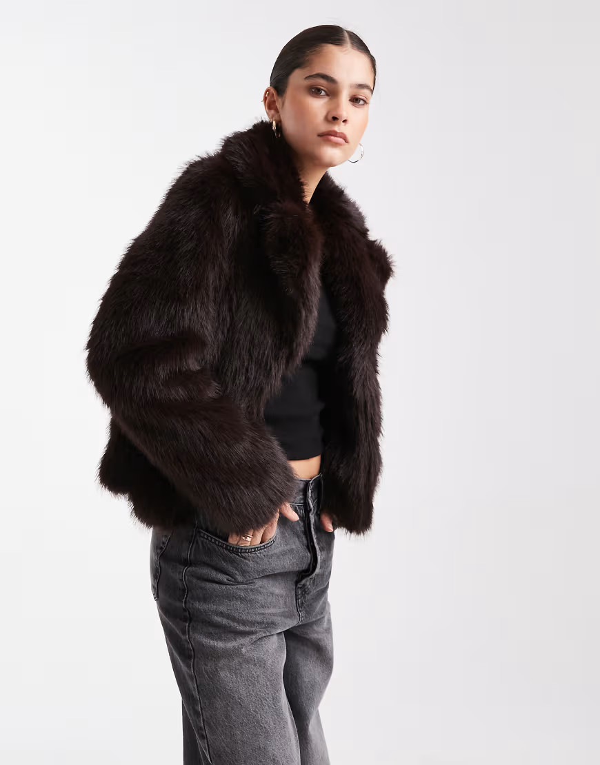 New Look cropped faux fur jacket in dark brown | ASOS (Global)