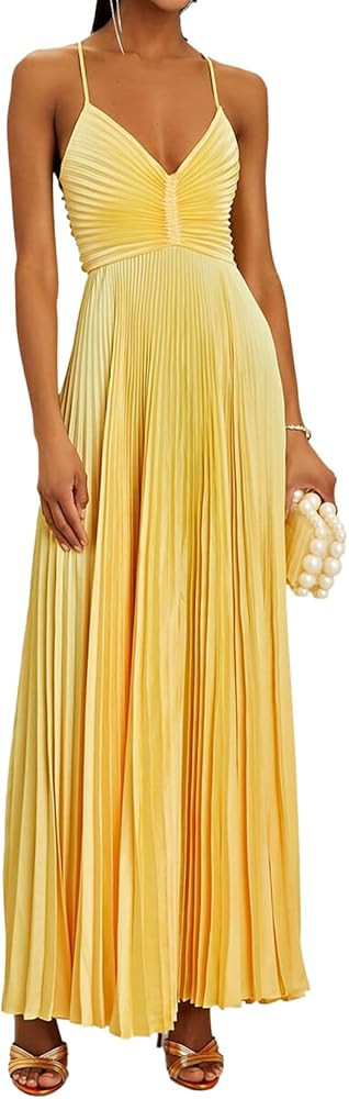 Yellow Tea Party Dress Maxi Spaghetti Strap Ruched Dress V Neck Dress Women Prom Dress Elegant Va... | Amazon (US)