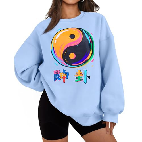 FREEYE Oversized Yin Yang Graphic Sweatshirt Positive Energy & Good Luck Pullover Women's Casual Crewneck for Balance, Abundance Mindset Zen Streetwear Blue L | Amazon (US)