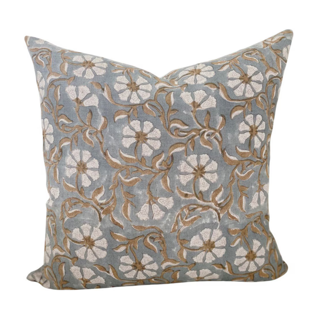 Surana Natural in Blue, Grey, Tan, High-end Designer Linen Floral Accent Pillow, Neutral Block Pr... | Etsy (US)