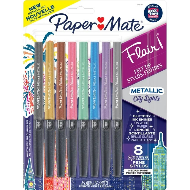 Paper Mate Flair Felt Tip Pens, Medium Point, 0.7mm, Metallic City Lights, 8 Count | Walmart (US)