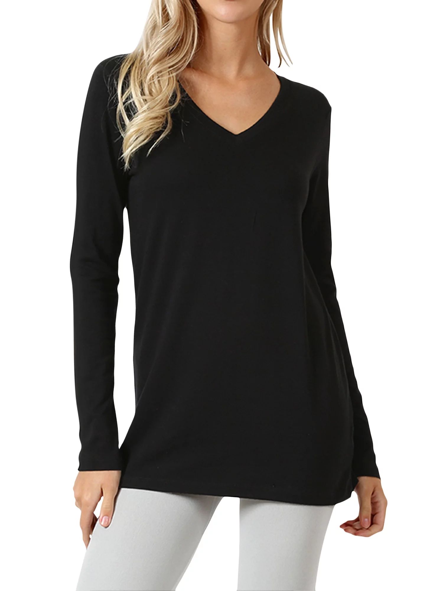 Women Casual Basic Cotton Loose Fit V-Neck Long Sleeve T-Shirt Top | Walmart (US)