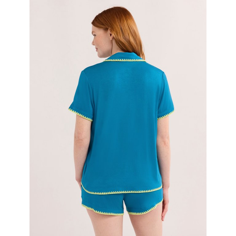 Joyspun Women’s Short Sleeve Notch Top and Shorts Pajama Set with Blanket Stitching, Sizes XS-3... | Walmart (US)