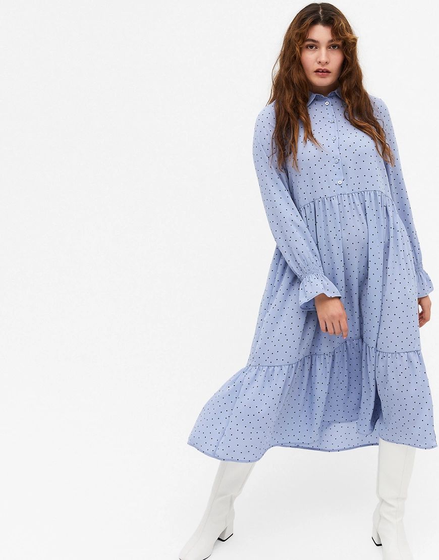 Monki Parly recycled long sleeve smock shirt midi dress in blue-Blues | ASOS (Global)