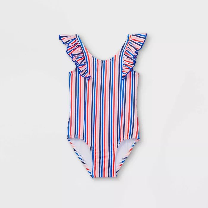 Toddler Girls' Striped Ruffle Sleeve One Piece Swimsuit - Cat & Jack™ Blue/Coral/White | Target