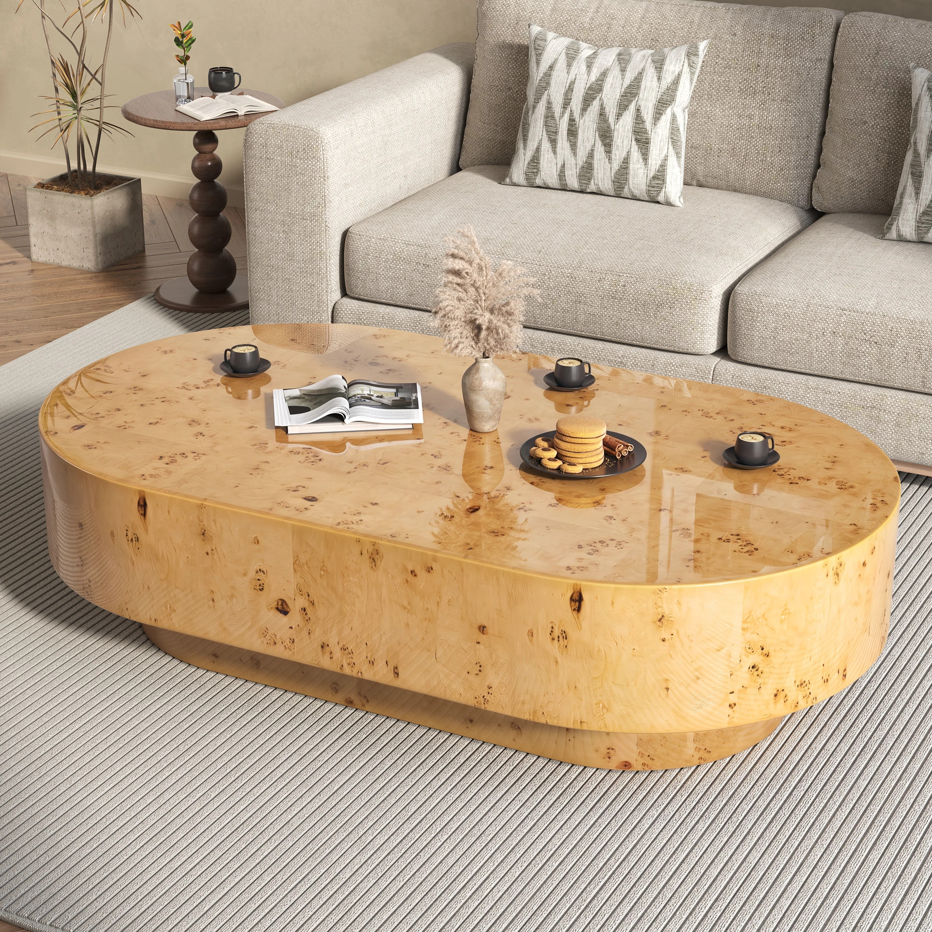 43.7'' Handcrafted Burl Wood Oval Coffee Table with Strudy Pedestal, Mid-Century Modern Solid Wood Coffee Table for Living Room | Wayfair North America