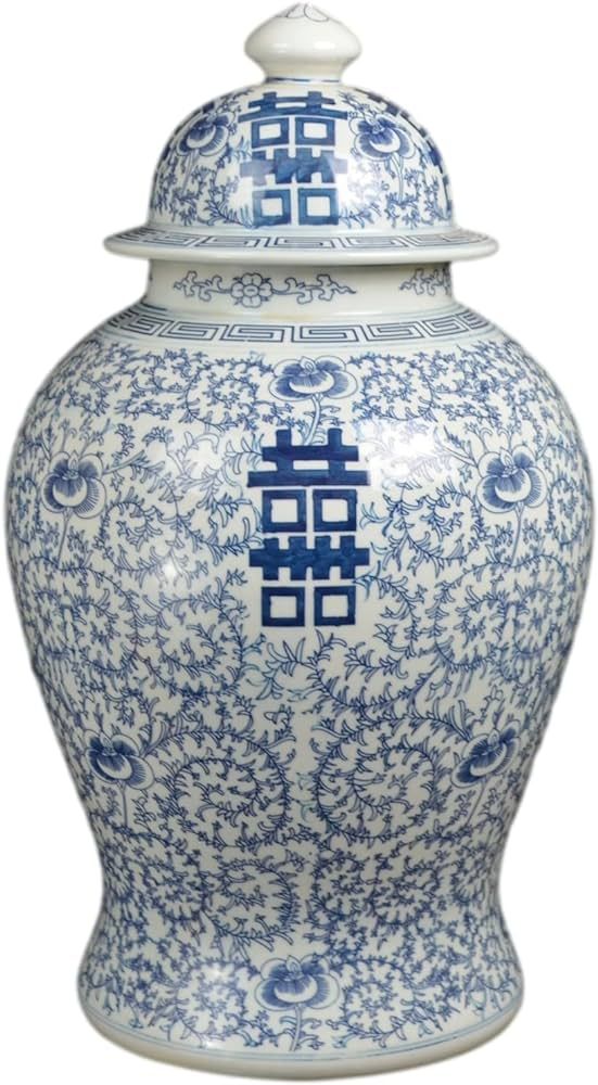 Festcool 19 inch Antique Like Blue and White Porcelain Temple Vase Jar Double Happiness Jingdezhe... | Amazon (US)