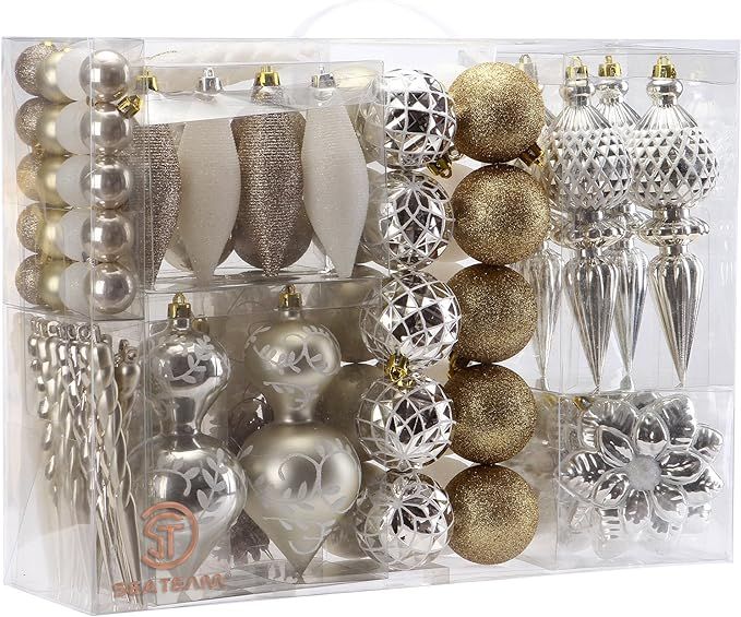 Sea Team 91 Pieces of Assorted Shatterproof Christmas Ball Ornaments Set Seasonal Decorative Hang... | Amazon (US)