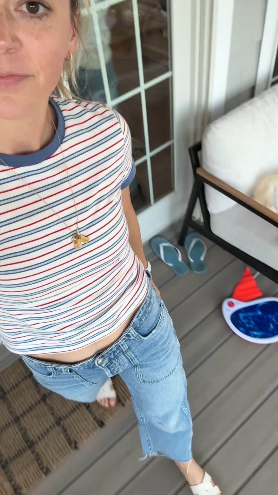 This $25 top comes in a bunch of colors, but thought this one would be perfect for Memorial Day/4th of July! 🇺🇸

*wearing a small
*super soft material with some stretch
*26R jeans, tts 
*sandals tts