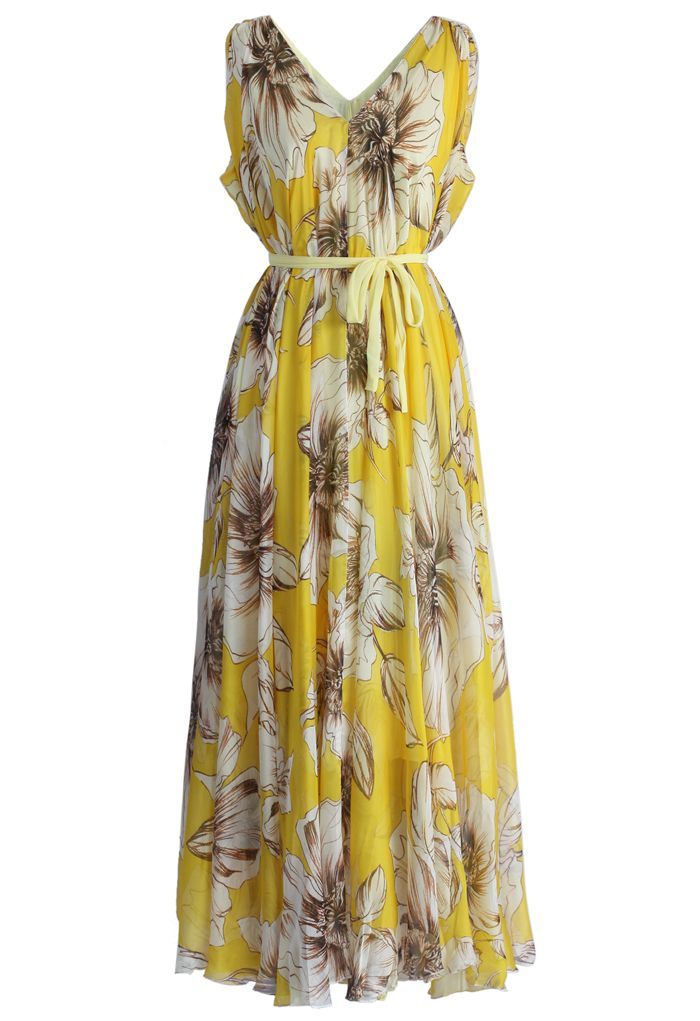 Marvelous Floral Chiffon Maxi Dress in Yellow | Chicwish