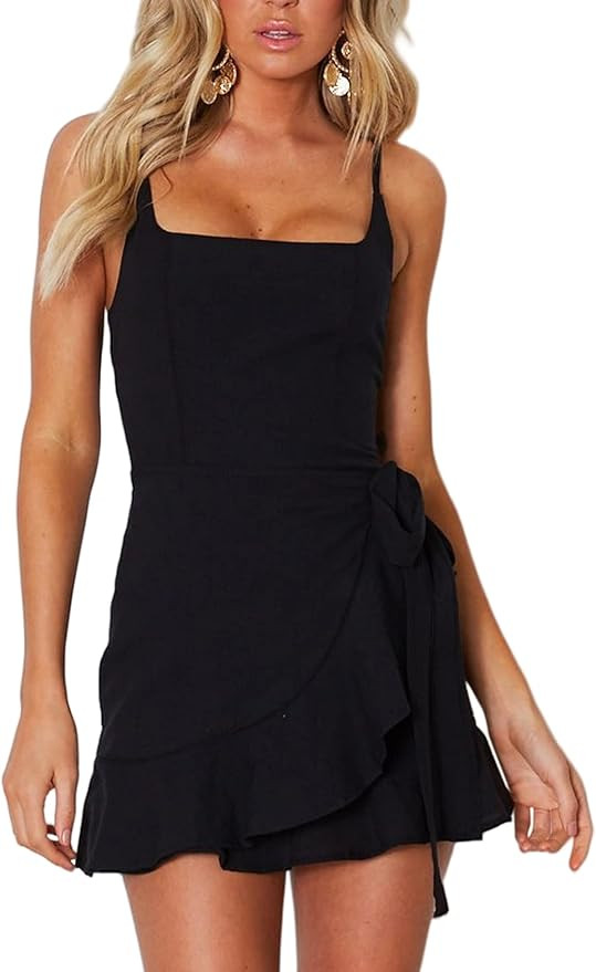 Relipop Women's Dress Spaghetti Strap Waist Tie Knot Wrap Front Ruffle Hem Short Dress | Amazon (US)