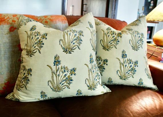 22x22 Pair Beige and Blue Floral Block Print Pillow With | Etsy | Etsy (US)