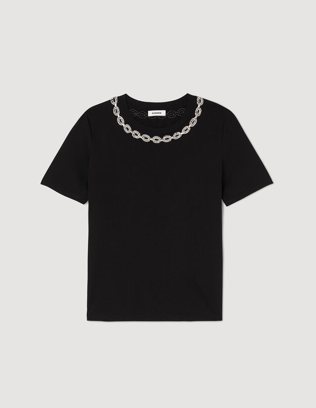 Organic cotton jewelled collar T-shirt | Sandro-Paris US