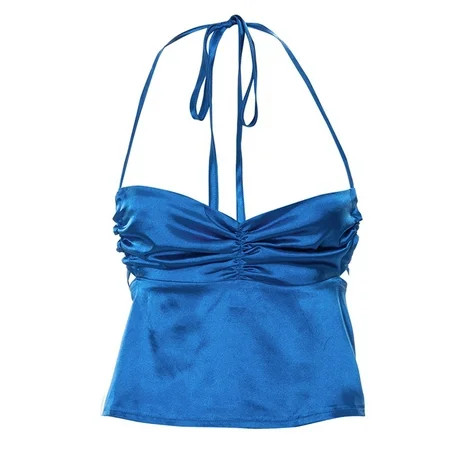 Women Satin Slik Halter Neck Crop Tops Sleeveless Ruched Tie Up Bandage Pleated Chest Backless Slim  | Walmart (US)