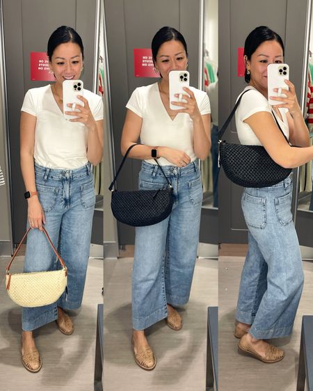 Size XS tee
Size 2 jeans
Shoes are true to size

Target style
Target purses
Target bags 
