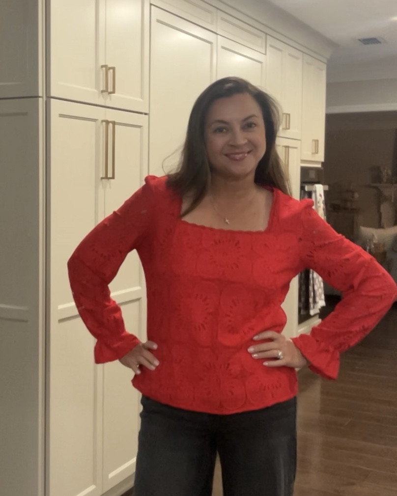 Tis the season for red! I love the square neckline in this blouse and the detail in the fabric. You can’t see the loop button closure in the back that gives it an elevated feel. It has sheer sleeves but lined bodice. It’s ⬇️ $20! ♥️ And these black jeans are a classic quality staple for $50 that will last. 🤍🖤 

#LTKHoliday