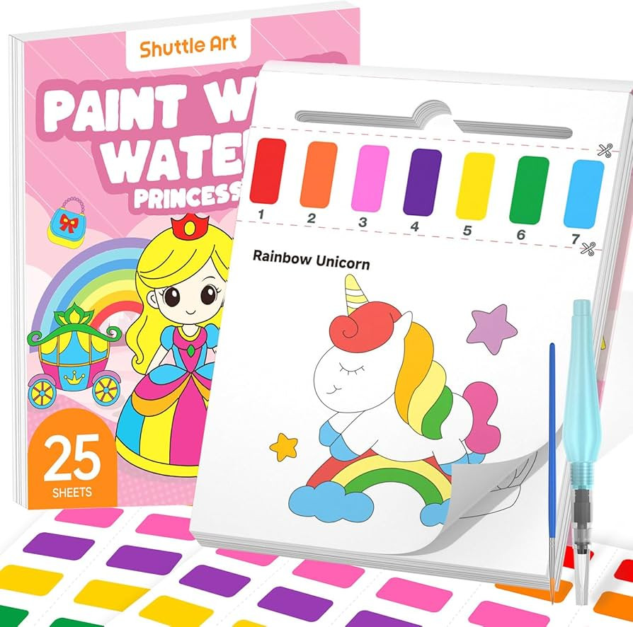 Shuttle Art Paint with Water Coloring Book for Kids, 25 Princess Themed Pages with 2 Brushes, Mes... | Amazon (US)