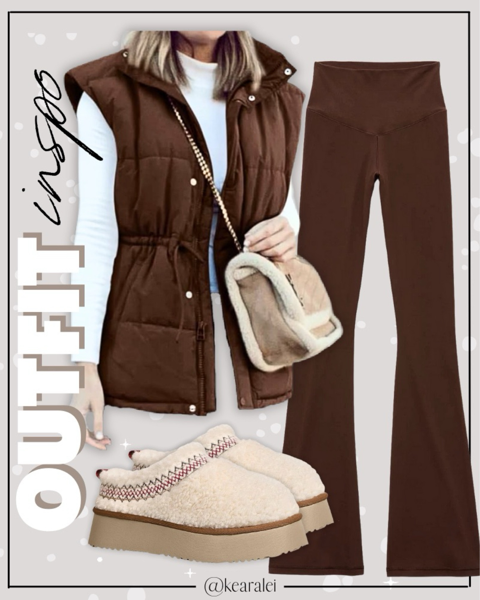 Fall outfit winter outfits idea brown puffer vest with cinch waist white long sleeve ribbed tshirt shirt layering shirt with brown boot cut flare leggings Sherpa platform slippers Ugg tazz lookalike Aerie Amazon activewear travel outfits Athleisure outfit neutral workout outfit exercise leggings Lululemon Amazon fashion tan beige brown leggings puffer vest Sherpa suede purse bag crossbody mom outfit || #amazon #fall #outfits #athleisure #leggings #lululemon #ugg #freepeople #aerie #momiform
.
.
.
Fitness Wear, Activewear, exercise outfit, workout leggings, sports bra, Lulu lemon, free people motion active athleisure
.

Amazon fashion, teacher outfits, business casual, casual outfits, neutrals, street style, Midi skirt, Maxi Dress, Swimsuit, Bikini, Travel, skinny Jeans, Puffer Jackets, Concert Outfits, Cocktail Dresses, Sweater dress, Sweaters, cardigans Fleece Pullovers, hoodies, button-downs, Oversized Sweatshirts, Jeans, High Waisted Leggings, dresses, joggers, fall Fashion, winter fashion, leather jacket, Sherpa jackets, Deals, shacket, Plaid Shirt Jackets, apple watch bands, lounge set, Date Night Outfits, Vacation outfits, Mom jeans, shorts, sunglasses, Disney outfits, Romper, jumpsuit, Airport outfits, biker shorts, Weekender bag, plus size fashion, Stanley cup tumbler
.
Target, Abercrombie and fitch, Amazon, Shein, Nordstrom, H&M, forever 21, forever21, Walmart, asos, Nordstrom rack, Nike, adidas, Vans, Quay, Tarte, Sephora, lululemon, free people, j crew jcrew factory, old navy


#LTKStyleTip #LTKSeasonal #LTKSaleAlert