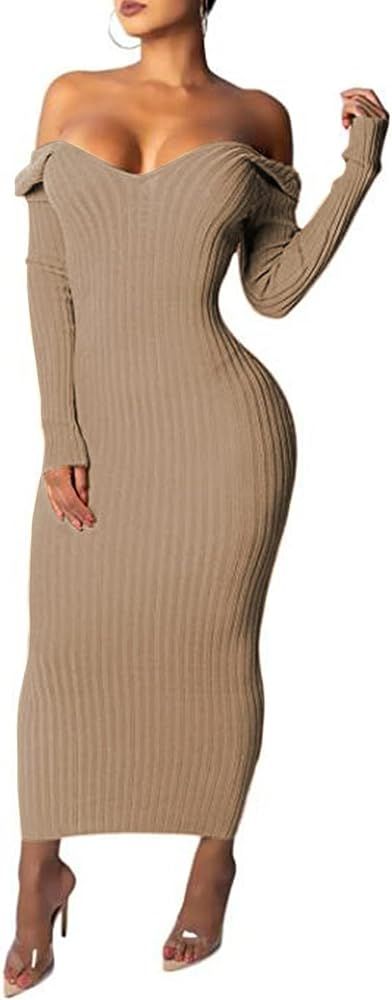 Amazon.com: Zyyfly Women Rib Knit Dress Long Sleeve Sexy V Neck Plain Bodycon Dress Brown S : Clo... | Amazon (US)