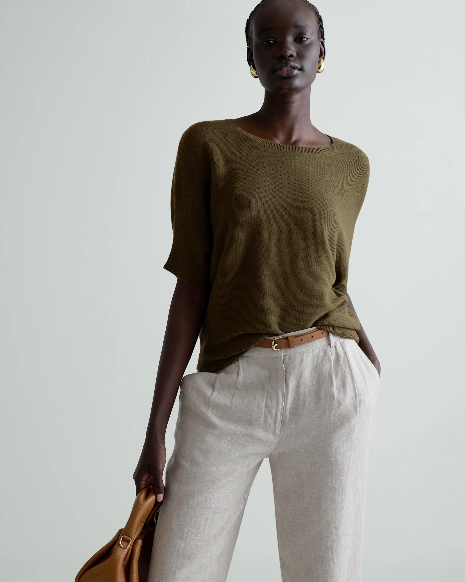 Lightweight Cotton Cashmere Link-Stitch Dolman Sweater  in Olive | Quince