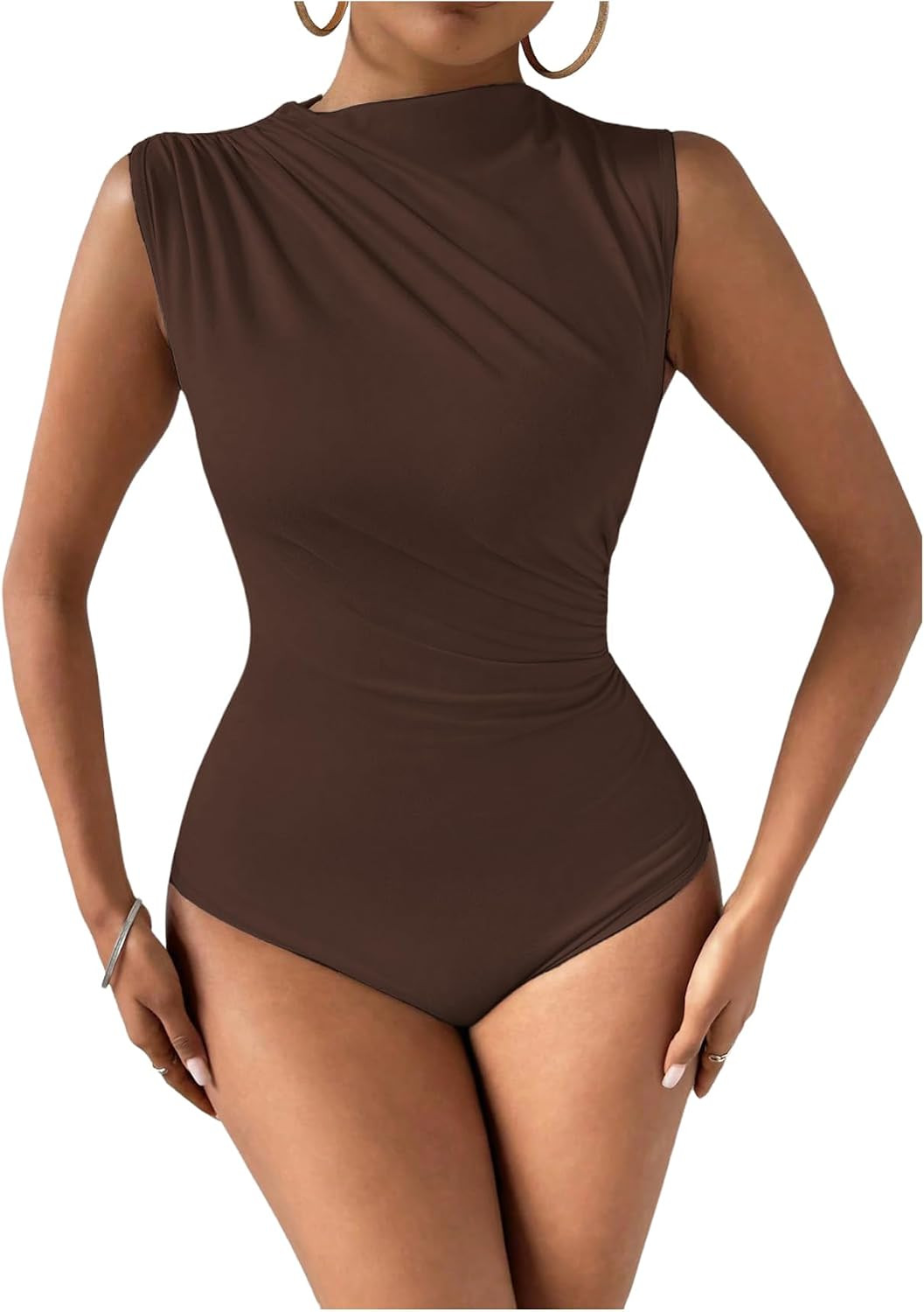 Milumia Women's Ruched Tank Top Sleeveless Mock Neck Bodysuit Jumpsuit Tops | Amazon (US)