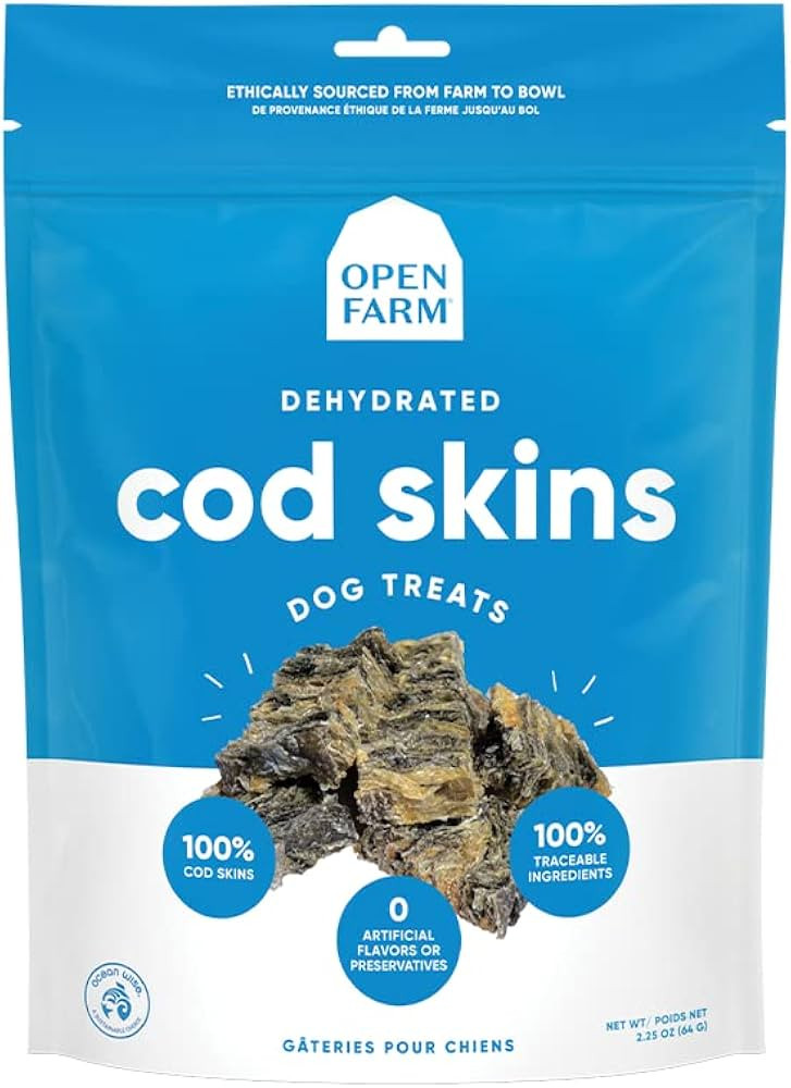 Open Farm Dehydrated Cod Skin Grain-Free Dog Treats, One-Ingredient Gently Cooked Pacific Fish Re... | Amazon (US)