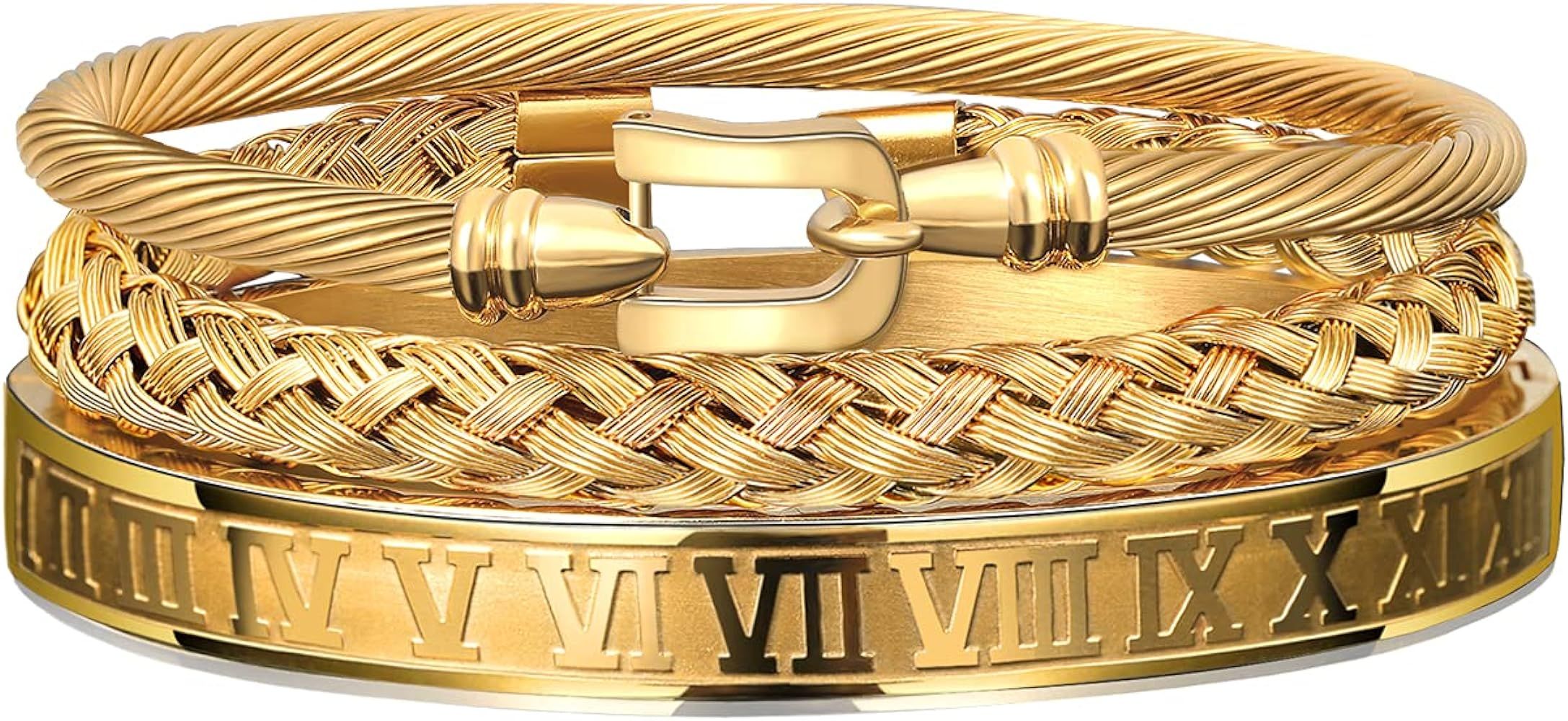 WFYOU 3PCS Stainless Steel Bracelets for Men Gold Roman Numeral Bangle Bracelet Twisted Cable Bra... | Amazon (US)