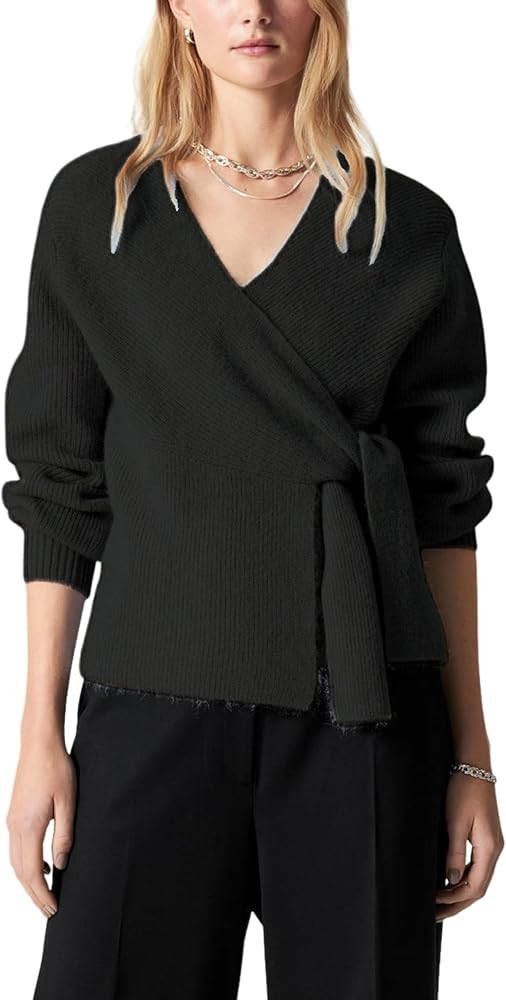 Womens Knitted Wrap Cardigan V Neck Long Sleeve Belted Waist Self Tie Pullover Sweater Tops | Amazon (US)
