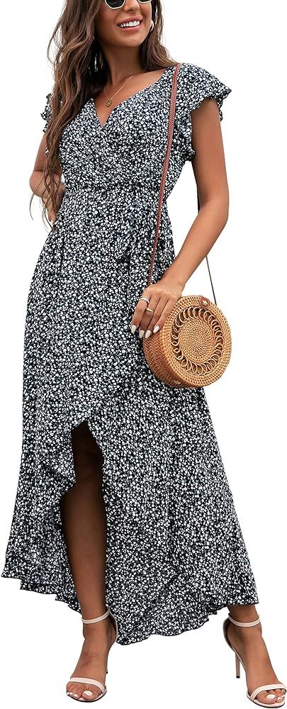 GRECERELLE Women's Summer Floral Print Cross V Neck Dress Bohemian Flowy Long Maxi Dresses | Amazon (US)