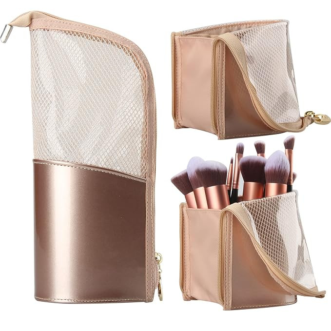 Travel Makeup Brush Bag, Portable Rose Gold Makeup Brush Holder Organizer Bag Waterproof Stand-Up... | Amazon (US)