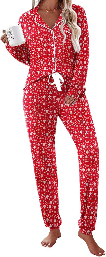 Ekouaer Pajamas Set Long Sleeve Sleepwear Womens Button Down Nightwear Soft Pj Loungewear with Po... | Amazon (US)
