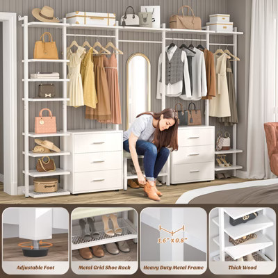 Aheaplus Walk-In Closet Organizer with 14 Shelves, 68" W -96" W Freestanding Closet System with 6 Drawers, White | Target