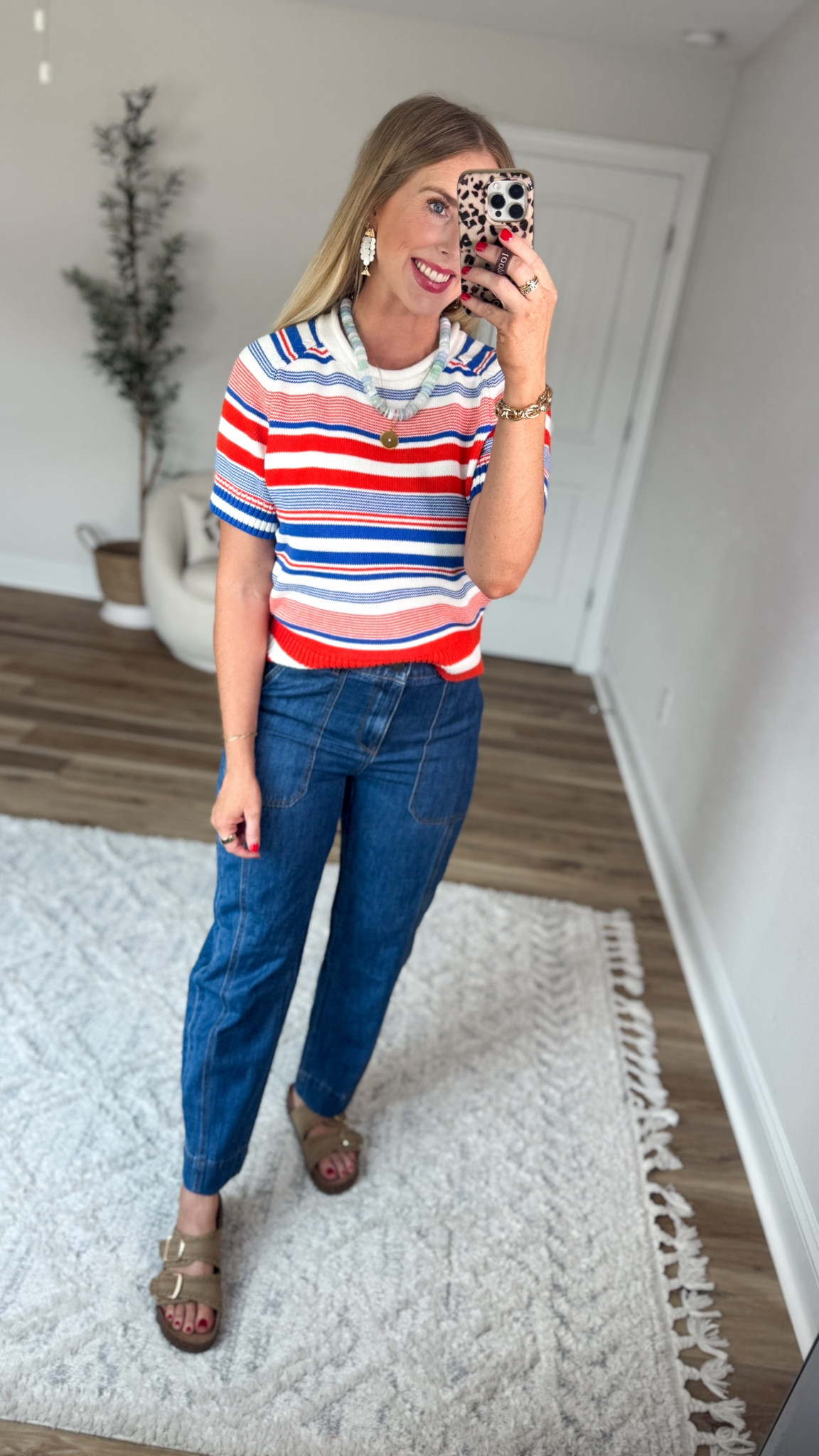 Weekend Walmart Wins try-on
Red, white and blue striped short sleeve sweater- medium 
Denim drapey barrel jeans- small, runs small!!

#LTKootd #LTKmomlife