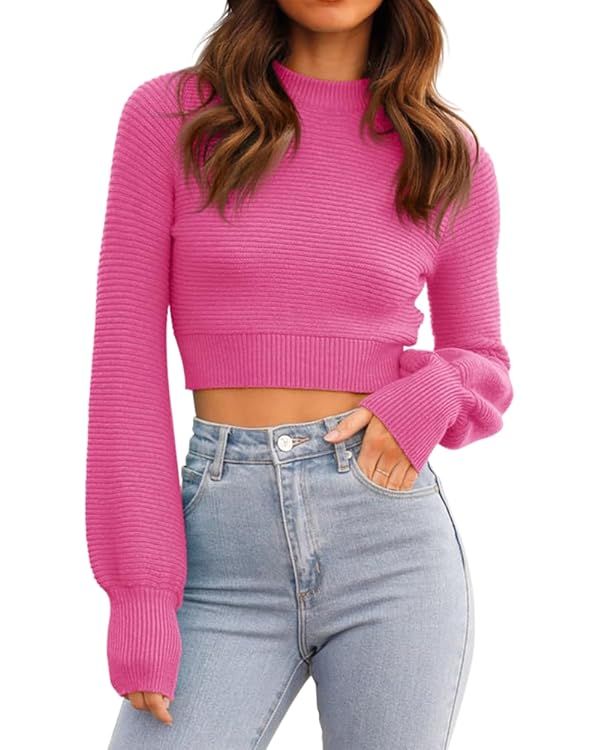 GeGekoko Womens Sexy Crew Neck Cropped Sweaters Ribbed Knit Long Sleeve Crop Tops Pullover | Amazon (US)