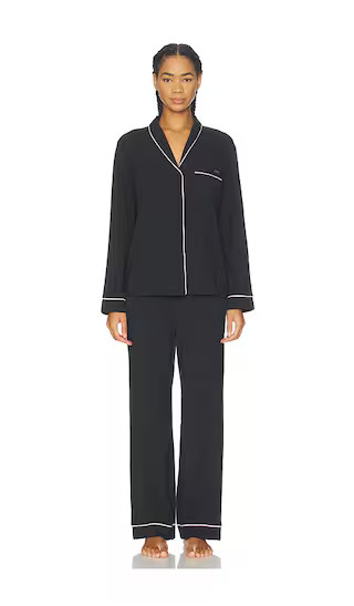 Slumberknit Shawl Collar Button Down Pant Set in Immersed Black & Delicate Pink | Revolve Clothing (Global)