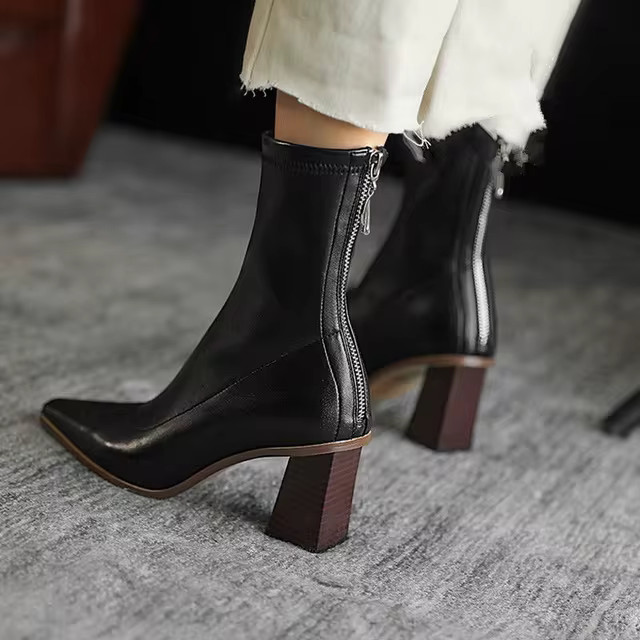 Botas finas de couro e veludo femininas, sapatos elásticos, bico quadrado, zíper, salto grosso,... | Ali Express BR