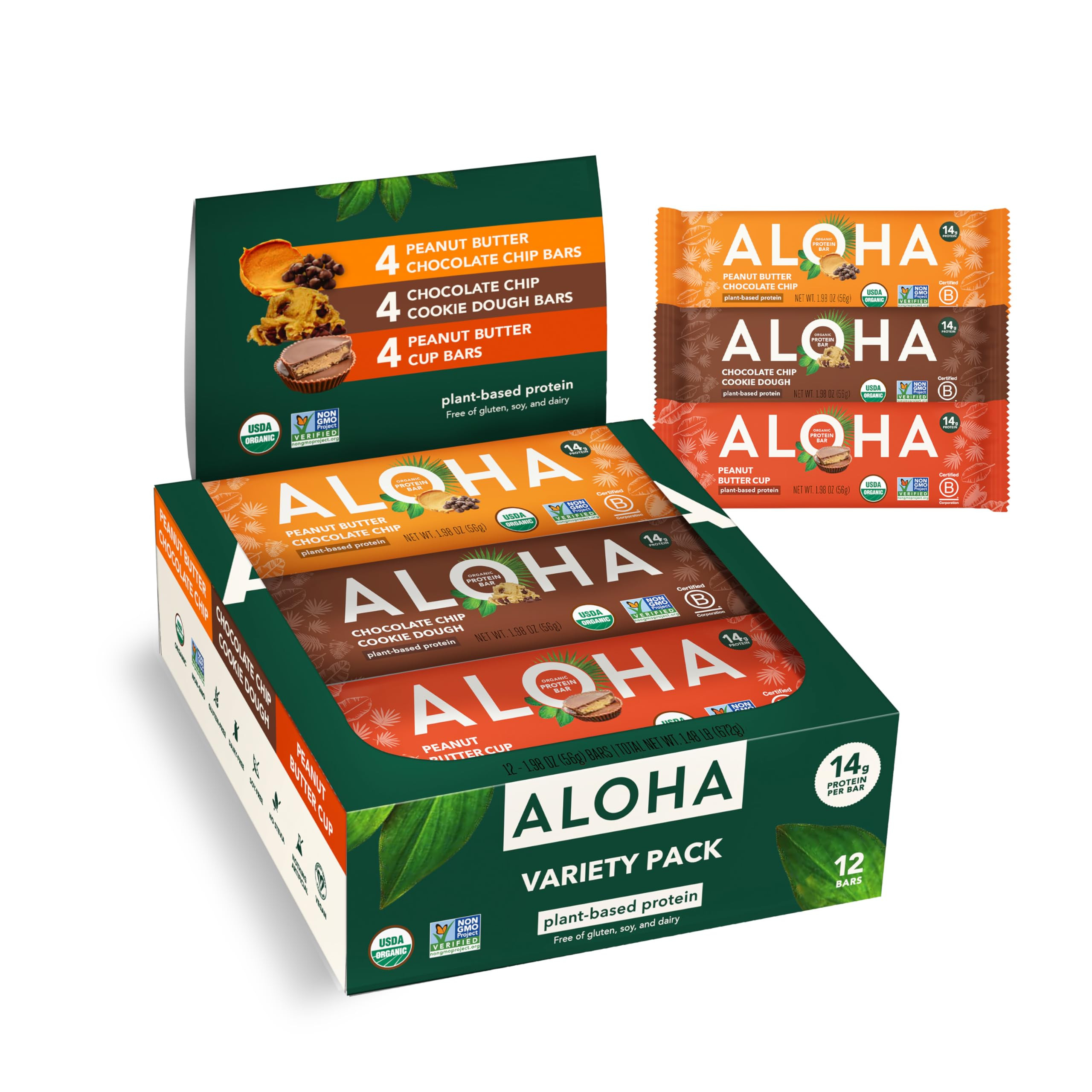ALOHA Organic Plant Based Protein Bars - 3 Flavor Variety Pack - 12 Count, 1.9oz Bars - Vegan Sna... | Amazon (US)