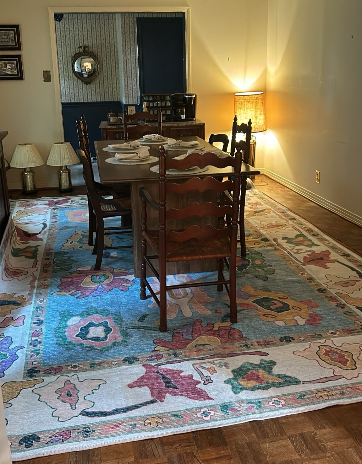 Beautiful colorful rug. Dining room. Large scale print. Great thick quality. 

#LTKFamily #LTKHome #LTKStyleTip