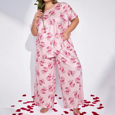 Plus Size Pink Teddy Bear And Heart Printed Pajama Set,Valentine Day | SHEIN