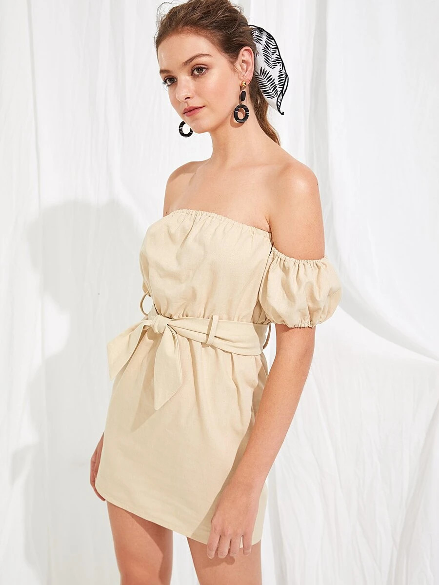 Puff Sleeve Bardot Dress with Belt | SHEIN